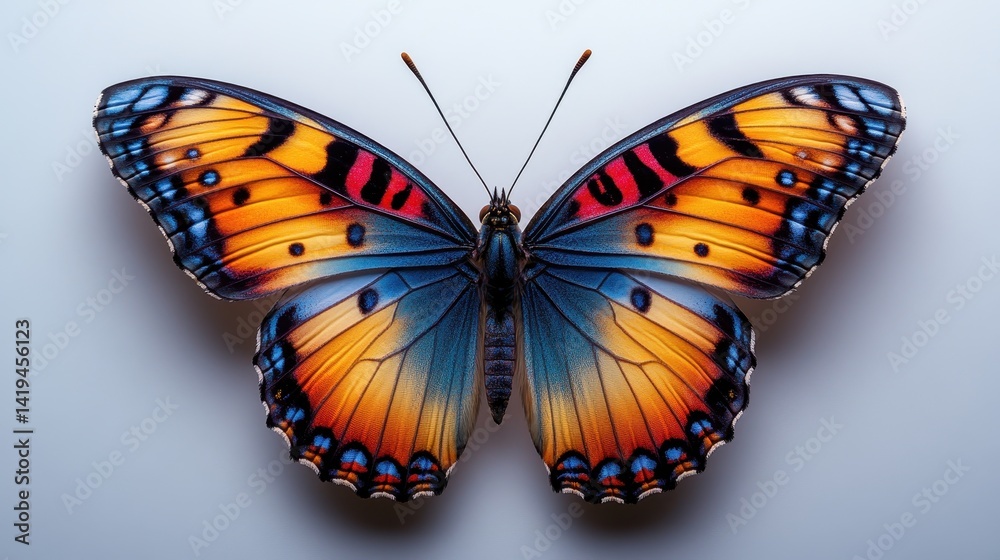 Fototapeta premium Butterfly Wings in Focus: An intricate and vibrant butterfly with bold, patterned wings, a stunning showcase of nature's artistry. The vibrant hues and delicate details are captivating.