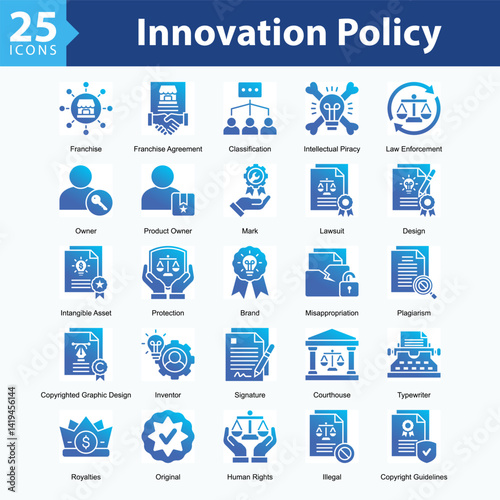 Innovation Policy is a collection of icons in sheet format representing legal elements and protection of intellectual property rights in the digital era.
