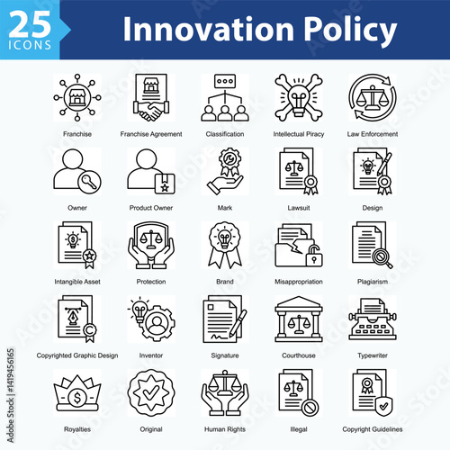 Innovation Policy is a collection of icons in sheet format representing legal elements and protection of intellectual property rights in the digital era.
