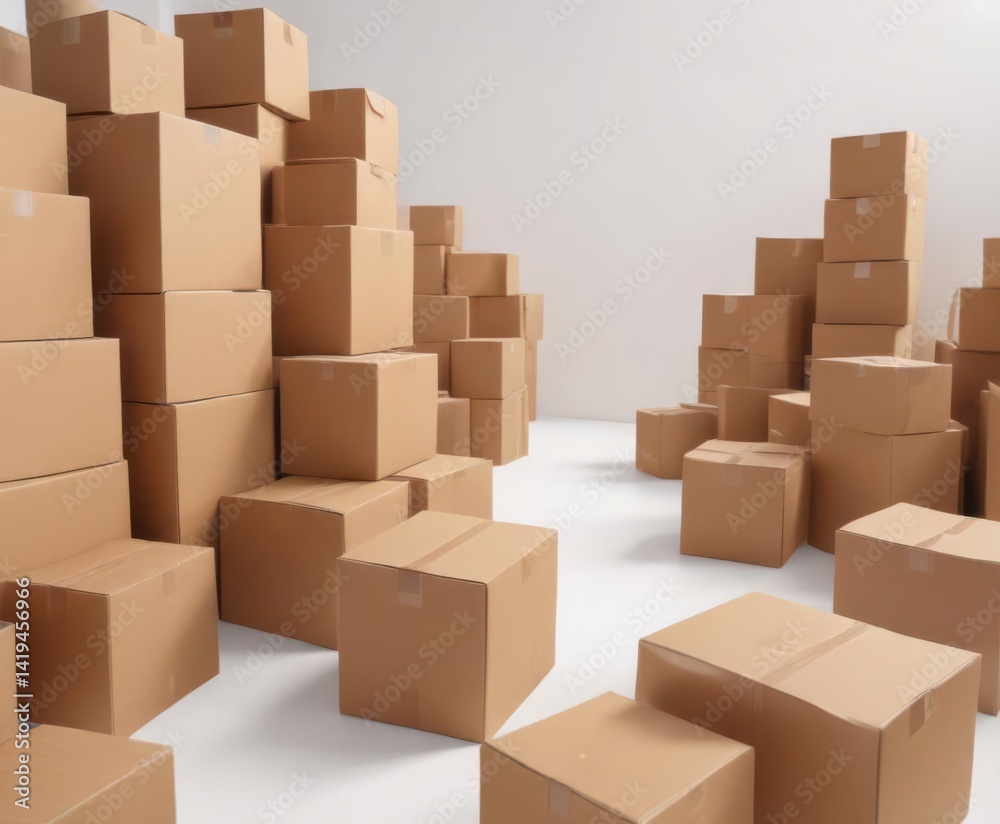 Several empty brown cardboard boxes arranged on a bright white surface , packaging, graphics, repurpose Several empty brown cardboard boxes arranged on a bright white surface , packaging, graphics, repurpose