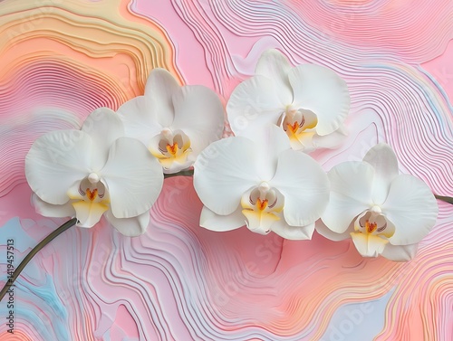 Vibrant orchid blossoms on marbled background. Ideal for spring/summer aesthetic, floral design