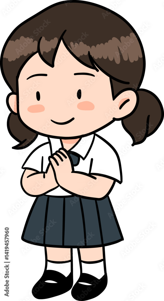 Cute cartoon character with student girl acting sawasdee or Whai In Thailnad illustration Cute cartoon character with student girl acting sawasdee or Whai In Thailnad illustration