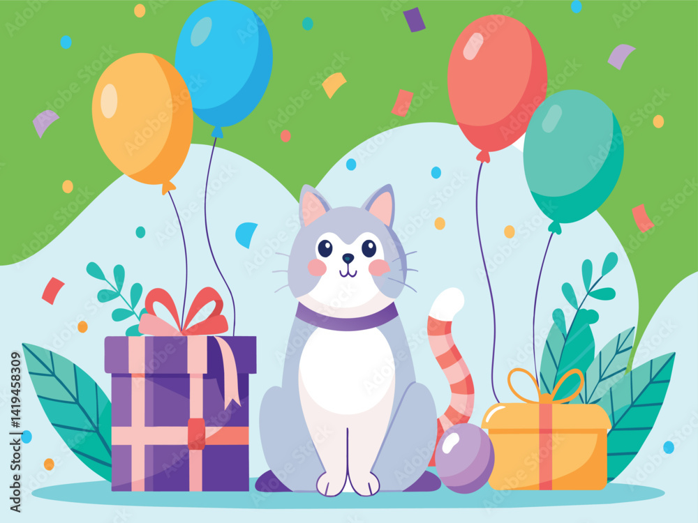 Fototapeta premium A fun cartoon elephant and Cat celebrate a child's birthday with balloons and a heart pattern
