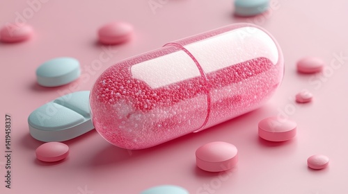 Large Transparent Capsule Filled with Tiny Pink Granules Resting Horizontally in the Center Among Scattered Pink and Blue Tablets on a Soft Pastel Pink Background