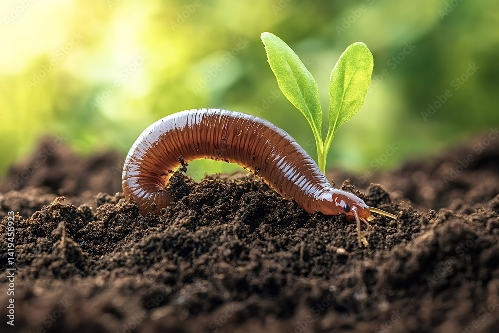 Earthworm enriching the soil and contributing to a healthy ecosystem, promoting plant growth and symbolizing sustainable agriculture and environmental balance