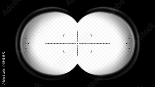 Binoculars sight view. POV lens frame with crosshair for spy, military, or hunting optics. Transparent vector overlay