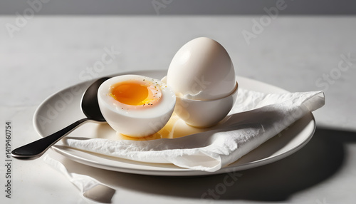 Perfectly Cooked Soft Boiled Eggs on a White Plate with a Spoon and Napkin: A Culinary Delight