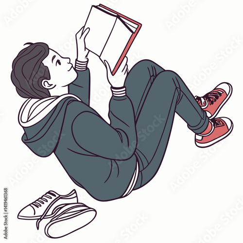 Illustration Of A Relaxed Young Person Reading A Book With Sneakers Near