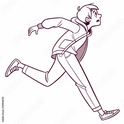 Cartoon Young Man Running In Fear Looking Upward In Monochrome Style
