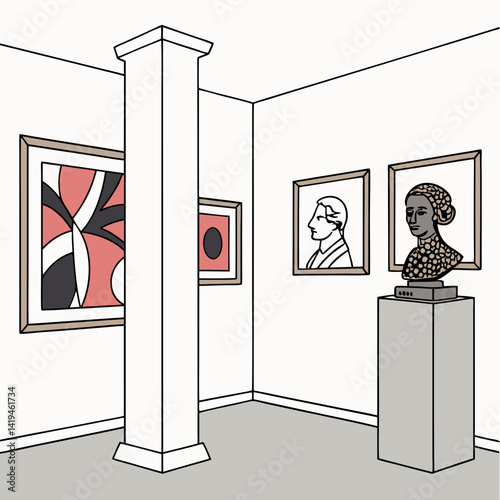 Minimalistic Art Gallery Interior Featuring Abstract Paintings And Sculptural Artwork Display