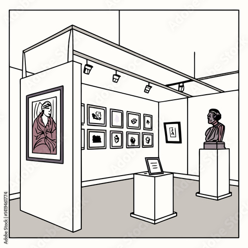 Art Gallery Interior Depicting Paintings Sculpture And Minimalist Design Exhibition Display