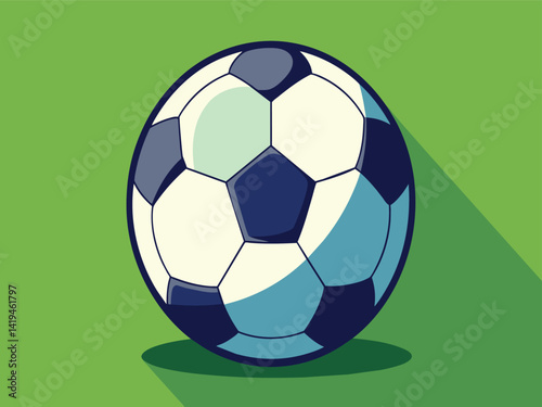Isolated black and white soccer ball, a round sport equipment for the game, sits on green grass and a blue background, ready for play
