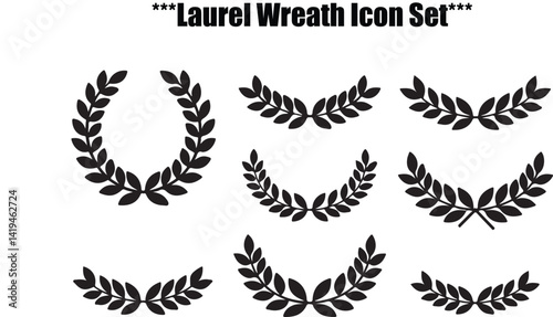 This image features a set of simple, black laurel wreaths in various forms (circular, arched) on a plain white background.