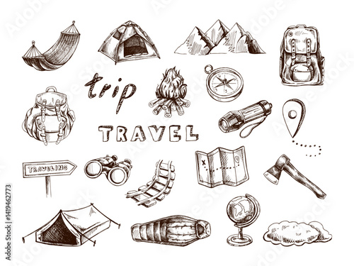 Hand drawn vintage sketch of camping and travel equipment set in monochrome, isolated vector illustration