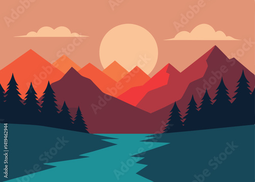 Minimalist Landscape with Layered Mountains