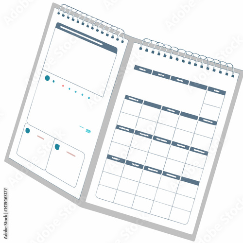 Open Spiral Bound Planner Showing Monthly Grid And Project Layout