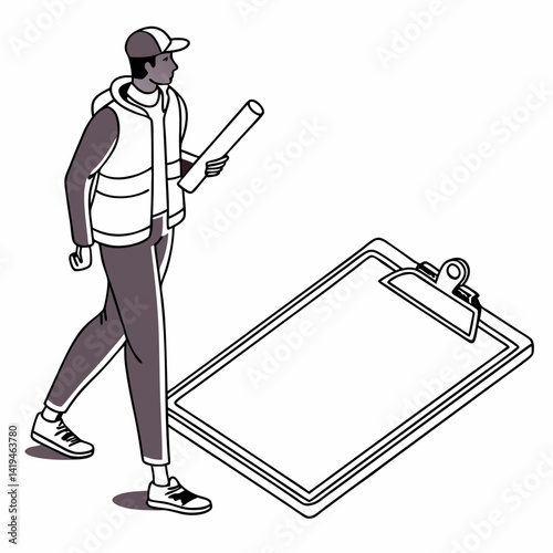 Inspector Walking Near Clipboard Holding Blueprint Inspection Minimalist Vector Illustration
