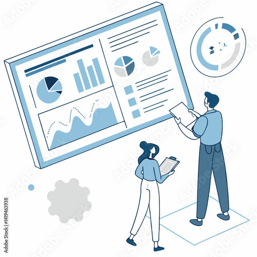 Isometric People Analyzing Financial Data Charts And Reports Business Analytics Concept