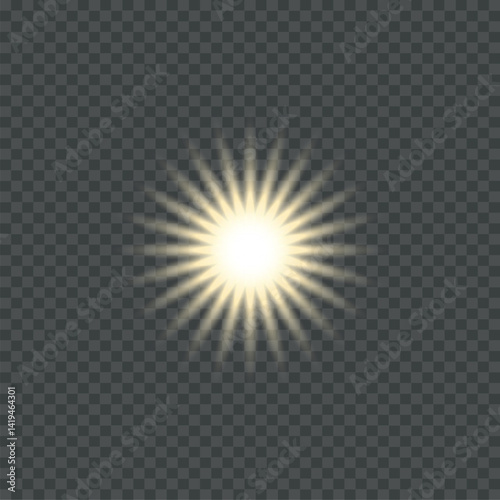 White glowing light explodes on a transparent background. with ray. Transparent shining sun, bright flash. Special lens flare light effect.