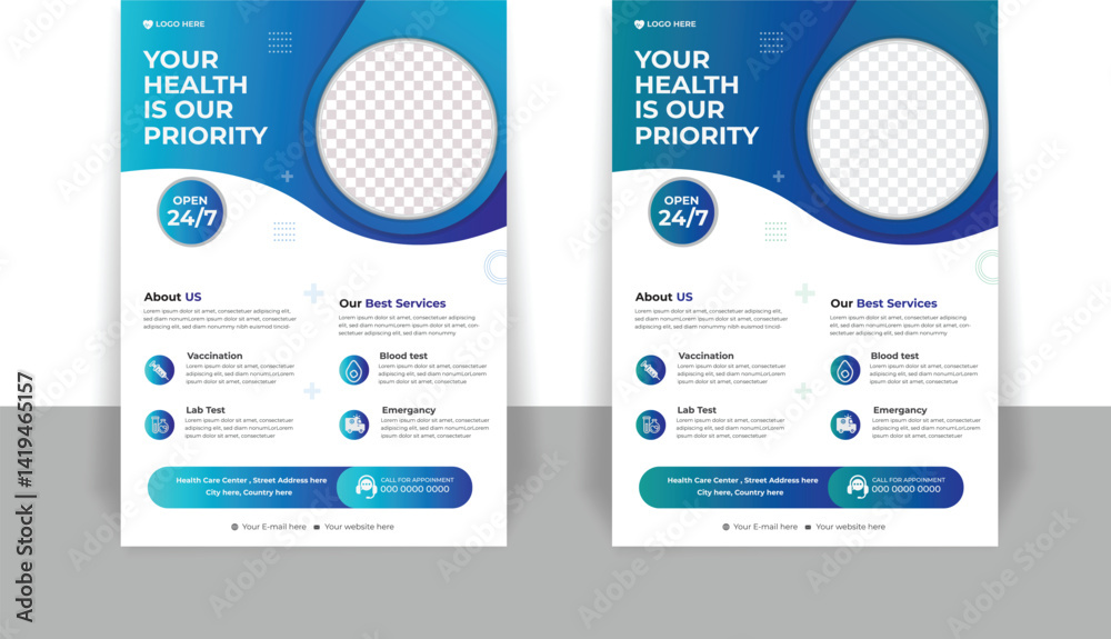 Medical Services Flyer Design template for Vaccination, Lab Tests, Emergency Care & Health Checkups Medical Services Flyer Design template for Vaccination, Lab Tests, Emergency Care & Health Checkups