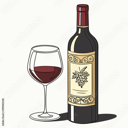 Illustrated Still Life Red Wine Bottle With Maple Leaf And Glass