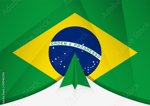 Brazil Flag with Abstract Paper Airplane Design, National Flag in a geometric folded paper style.