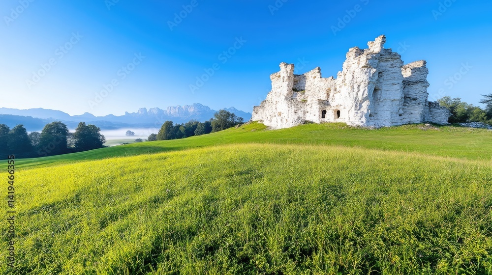 Ancient ruins of a castle on a verdant hillside under a vibrant blue sky Ancient ruins of a castle on a verdant hillside under a vibrant blue sky