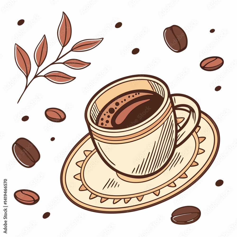 Obraz premium Coffee Cup With Beans And Leaves In Sketch Style Illustration