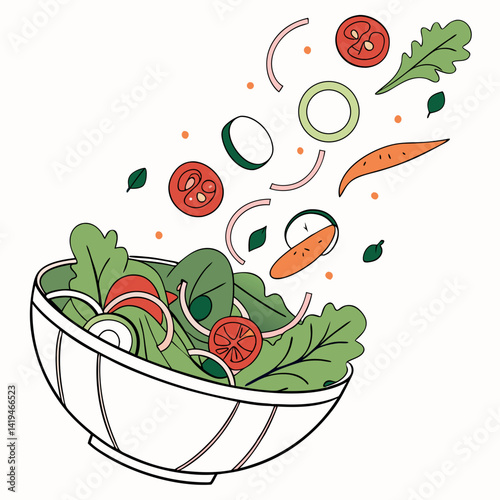 Fresh Vegetable Salad Illustration With Tomatoes Onions And Carrots Inside The Bowl