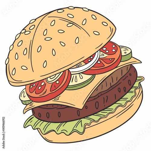 Delicious Detailed Cartoon Hamburger With Fresh Ingredients And Sesame Seed Bun