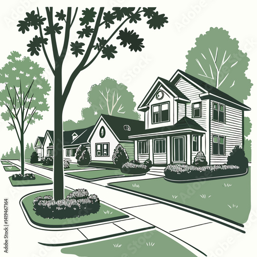 Suburban Street View With Houses Trees And Lawns Vector Illustration