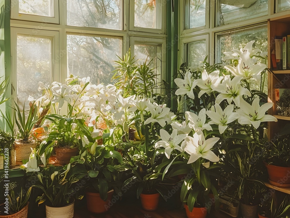 Fototapeta premium Sunlit windowsill with various potted plants, including vibrant white lilies, creating a tranquil indoor garden scene.