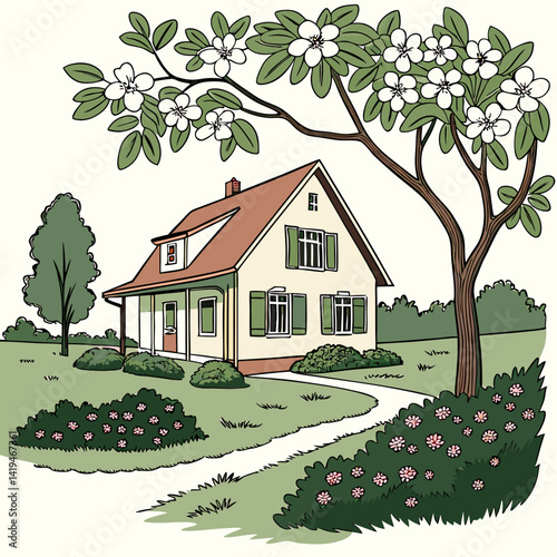 Charming House Illustration With Blossoming Tree And Lush Garden Artwork