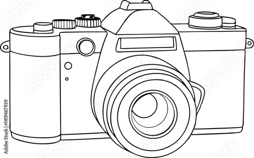 Line art of an SLR camera, camera lens, black outline, vintage photography