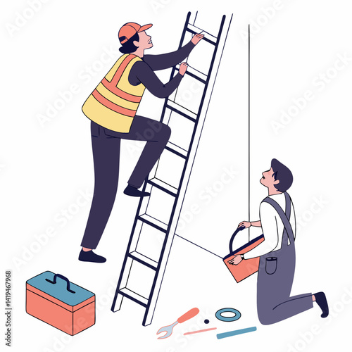 Illustration Of Two Technicians Working On Repair With Ladder And Tools