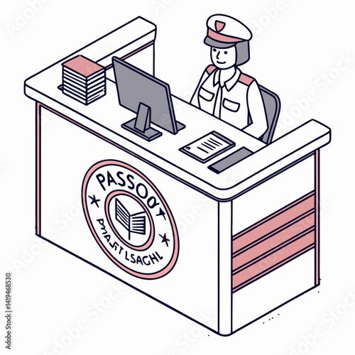 Cartoon Border Control Officer Checking Passports At Immigration Desk In Isometric View