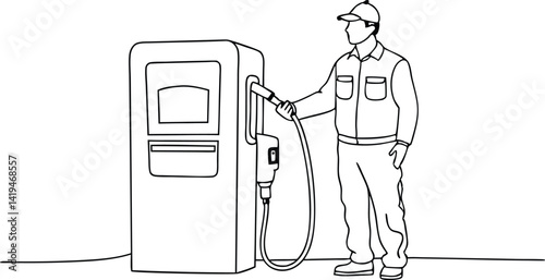 Line art of worker holding charger near electric vehicle charging station outline design