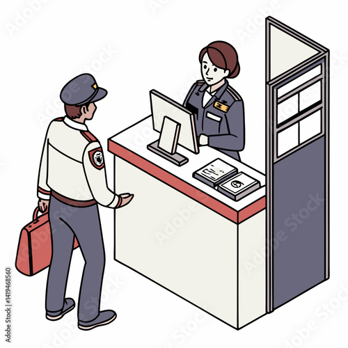Man With Red Bag Approaching Security Officer At Airport Reception Desk