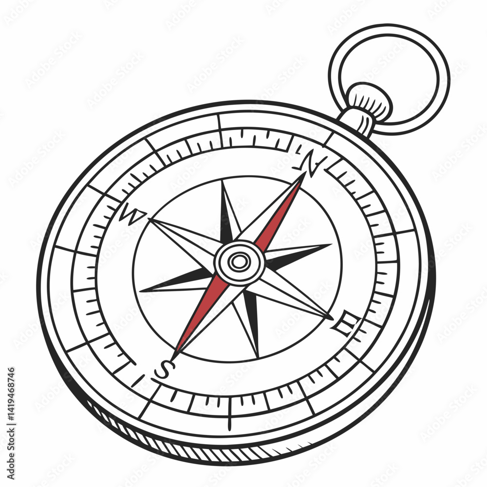 Detailed Compass Illustration With Red Needle Pointing North For Nautical Themes Detailed Compass Illustration With Red Needle Pointing North For Nautical Themes