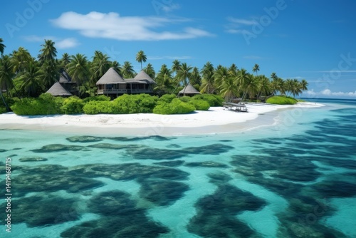 Beautiful tropical island with water bungalows and beach. Tropical island with few palm trees and blue lagoon. Travel concept. Vacation concept with copy space. Aerial view.