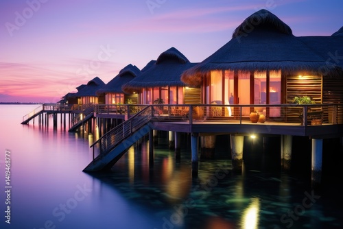 Beautiful tropical island with water bungalows and beach. Tropical island with few palm trees and blue lagoon. Travel concept. Vacation concept with copy space. Aerial view.