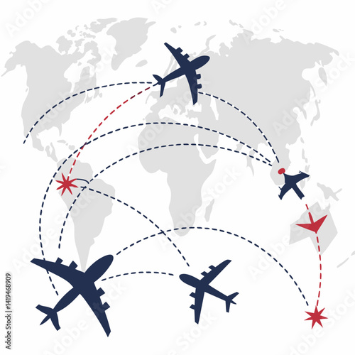 Global Air Travel Network Showing Flight Paths And Destinations Over World Map