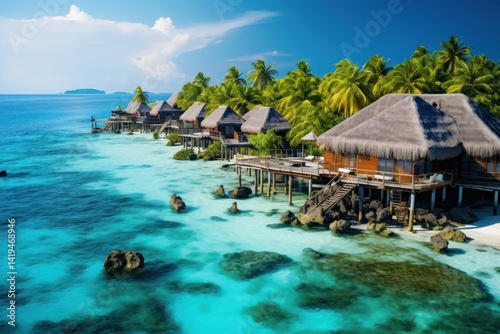 Beautiful tropical island with water bungalows and beach. Tropical island with few palm trees and blue lagoon. Travel concept. Vacation concept with copy space. Aerial view.