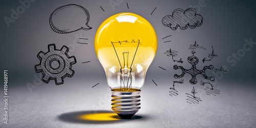 Illuminated lightbulb with hand-drawn idea sketches, symbolizing innovation, creativity, and problem-solving.  Showcase for brainstorming concepts.