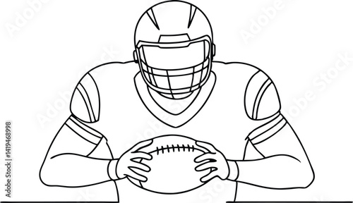Line Drawing American Football Player Holding Ball in Full Uniform with Helmet On