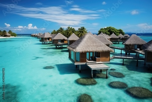Beautiful tropical island with water bungalows and beach. Tropical island with few palm trees and blue lagoon. Travel concept. Vacation concept with copy space. Aerial view.