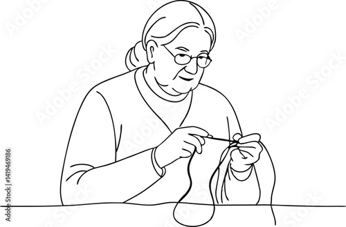 Linear Drawing Elderly Woman Knitting with Eyeglasses, Isolated on White Background