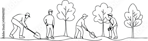 Line of People with Shovels and Trees in Field Black and White Style