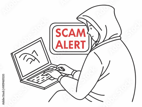 Minimalist Line Art of Hooded Hacker with Laptop
