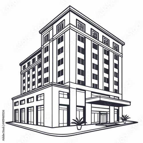 Line Art Illustration Of A Tall Modern City Building With Windows